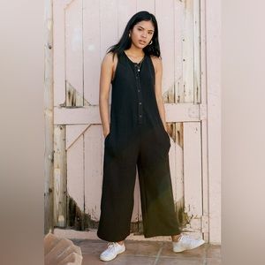 The Organic Cotton Lounge Corduroy Knit Jumpsuit back beat rags/co black small